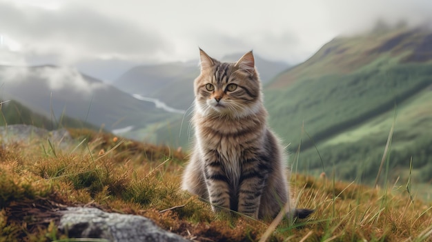 Un gatto si siede su una collina in montagna