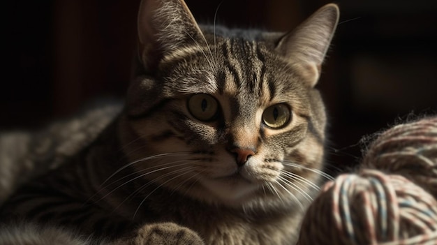 Un gatto si siede su una coperta al buio