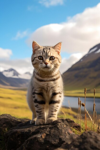 Un gatto si siede su una roccia di fronte a un lago e montagne.