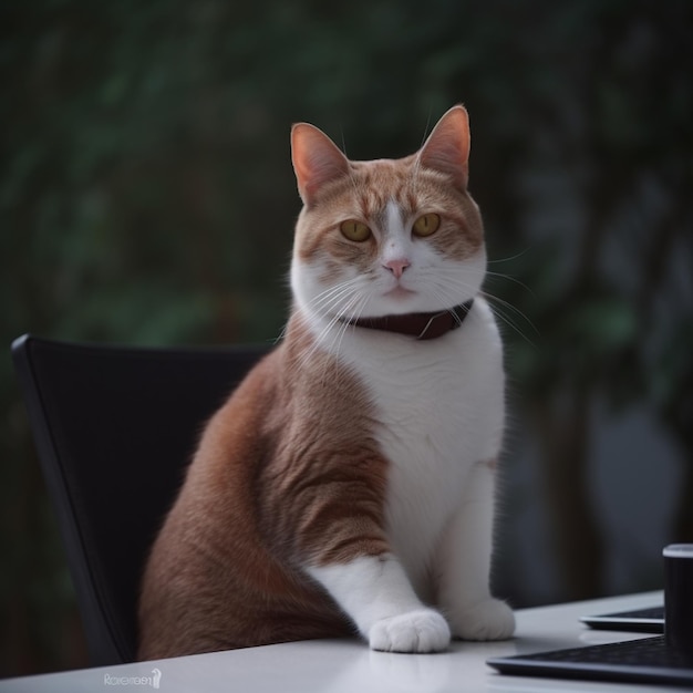 Un gatto si siede su una sedia con una tazza di caffè sul tavolo.