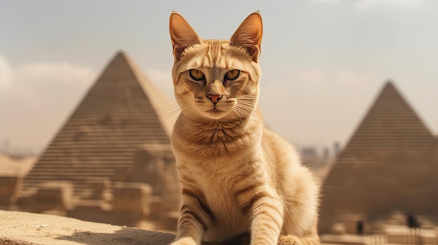 Un gatto si siede su una sporgenza davanti alle piramidi di Giza.