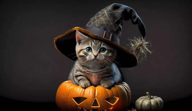 Un gatto si siede su una zucca con sopra un cappello da strega.