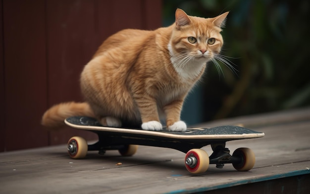 Un gatto si siede su uno skateboard su una superficie di legno.