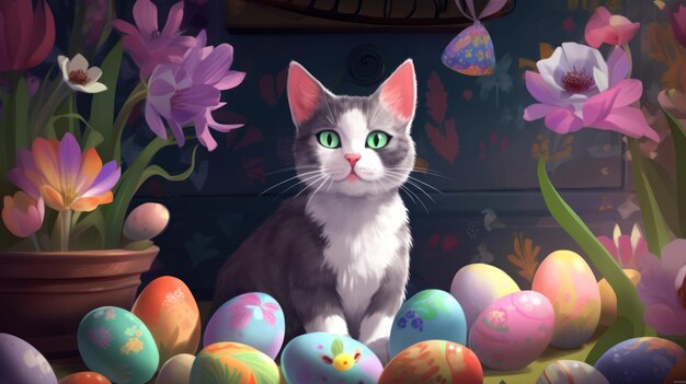 Un gatto si siede tra le uova di Pasqua