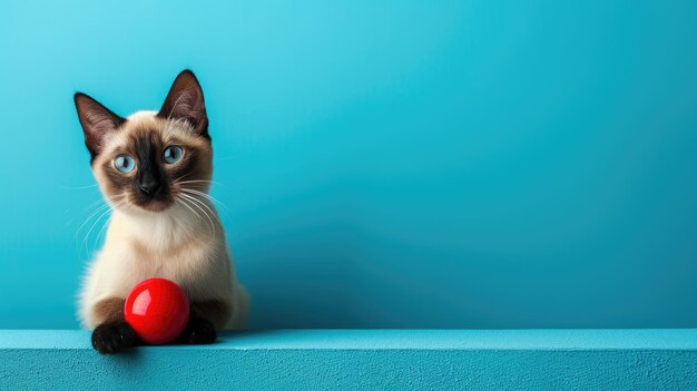 Un gatto siamese curioso con occhi blu sorprendenti accanto a una palla rossa