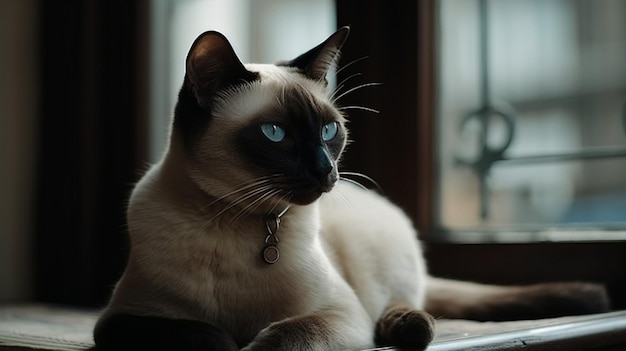 Un gatto siamese è seduto su un davanzale.