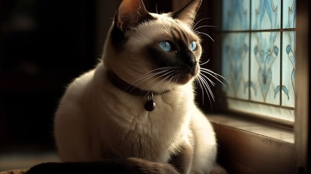 Un gatto siamese siede in una finestra con un occhio azzurro.