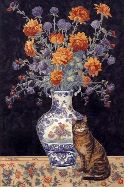 Un gatto siede accanto a un vaso di fiori con accanto un gatto.