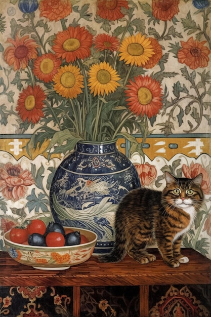 Un gatto siede accanto a un vaso di fiori e a una ciotola di frutta.