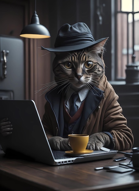 Un gatto siede davanti a un laptop con un uomo che indossa un cappello, un abito e un cappello.