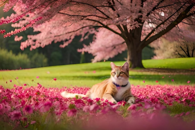 Un gatto siede in un campo di fiori con un albero rosa sullo sfondo.