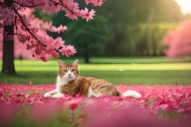 Un gatto siede in un campo di fiori con un albero rosa sullo sfondo.
