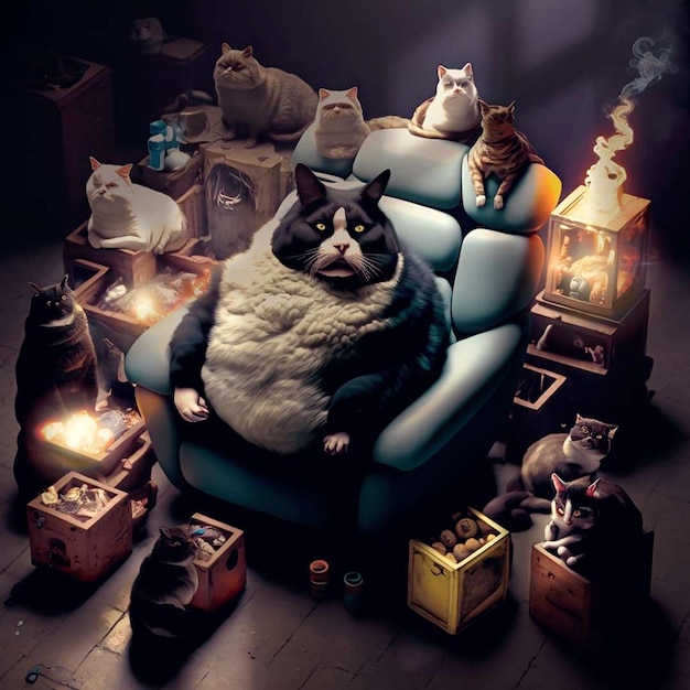 Un gatto siede su una sedia con un gruppo di gatti.