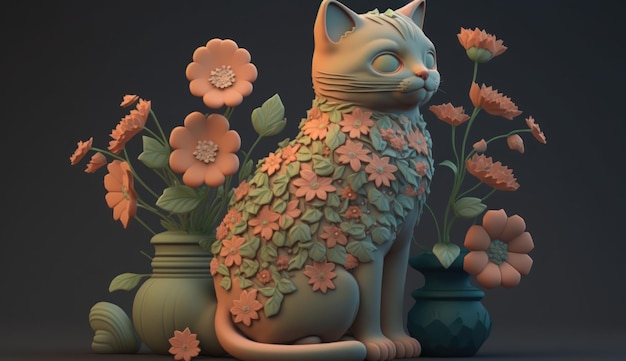 Un gatto siede tra fiori e un vaso con fiori.