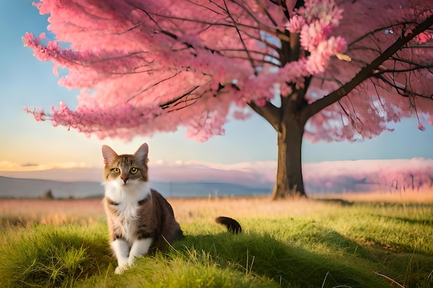 Un gatto sotto un albero con fiori rosa