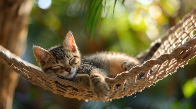 Un gatto sta dormendo su un'amaca. L'amaca è fatta di corda e è appesa ad un albero.