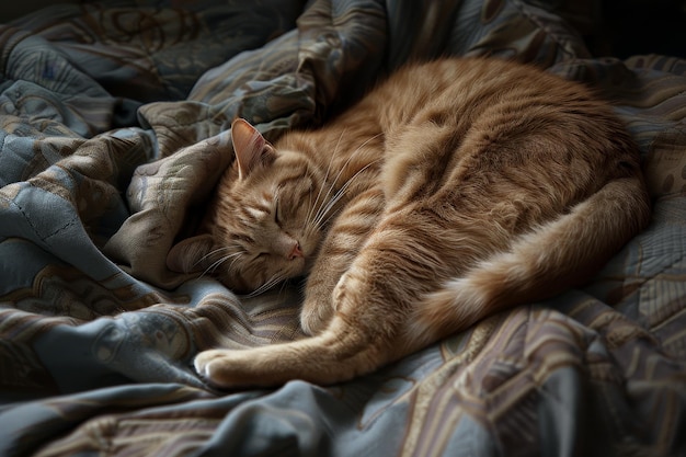Un gatto sta dormendo su un letto con una coperta