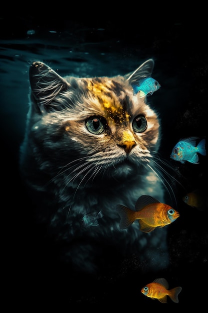 Un gatto sta guardando il pesce nell'acqua.