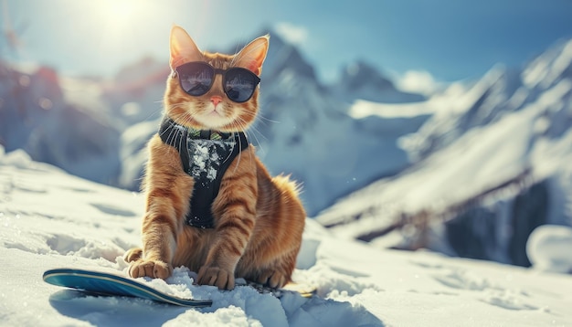 Un gatto sta guidando una tavola da snowboard su una montagna da un'immagine generata da AI