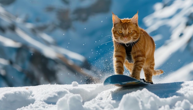 Un gatto sta guidando una tavola da snowboard su una montagna da un'immagine generata da AI