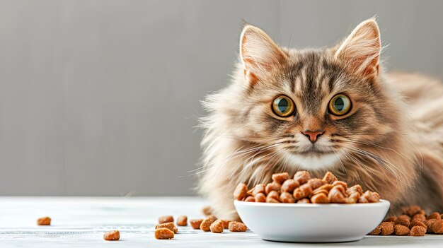 Un gatto sta mangiando cibo da una ciotola su uno spazio di copia del tavolo