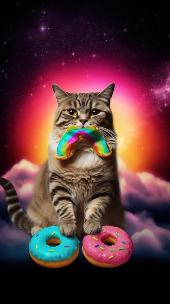 Un gatto sta mangiando una ciambella con una ciambella arcobaleno in bocca.