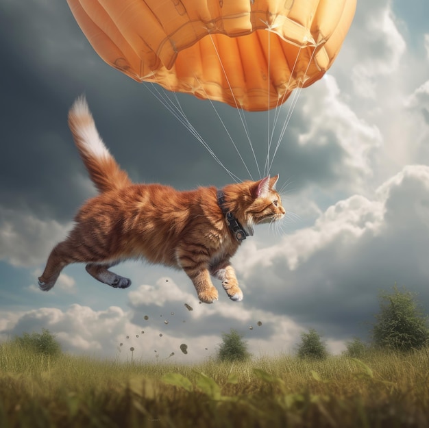 Un gatto sta volando con un palloncino giallo con su scritto "la parola".