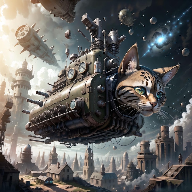 Un gatto sta volando in stile steampunk