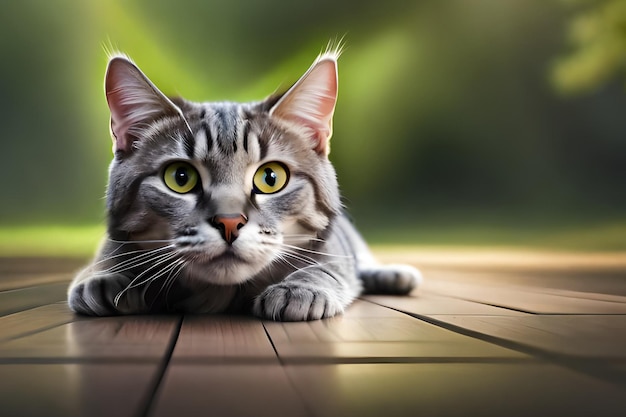Un gatto su un pavimento di legno con sfondo verde