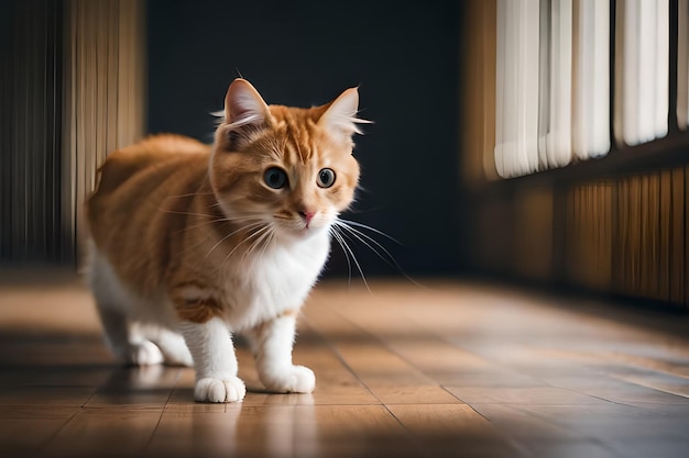Un gatto su un pavimento di legno in una stanza buia
