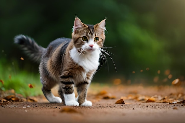 Un gatto su un sentiero nel bosco