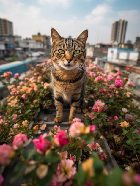 Un gatto su un tetto con dei fiori sullo sfondo