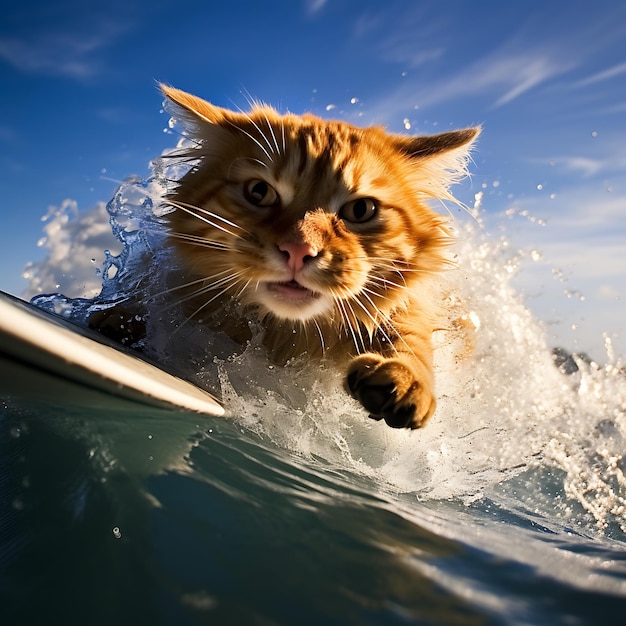 Un gatto su una tavola da surf