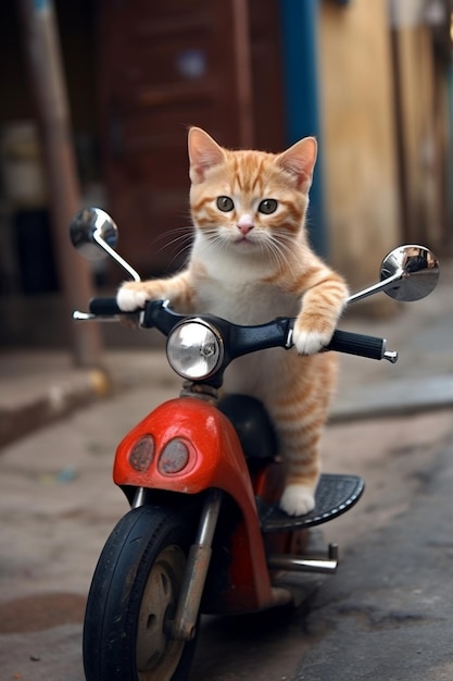 Un gatto su uno scooter rosso