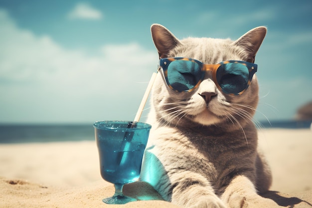 Un gatto sulla spiaggia che beve un drink