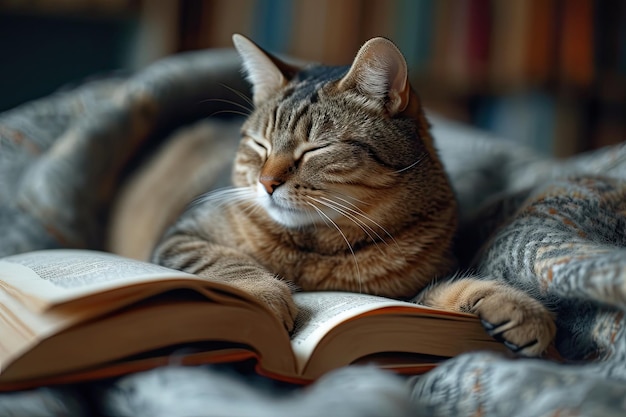 Un gatto tabby carino sdraiato su un libro