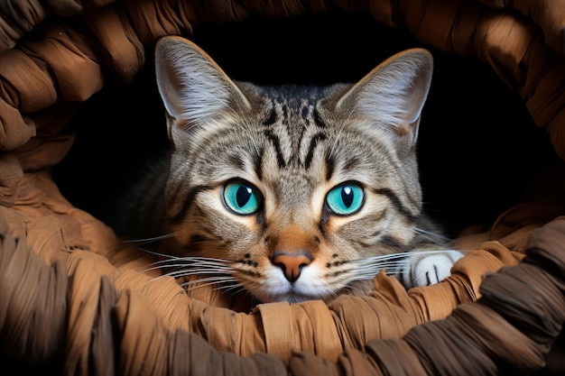 un gatto tabby con gli occhi blu seduto in un buco