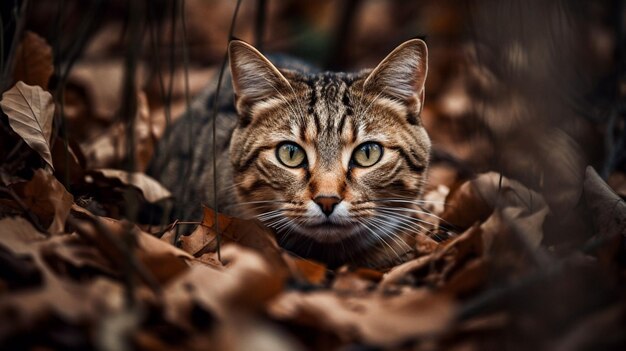 Un gatto tra le foglie di un albero