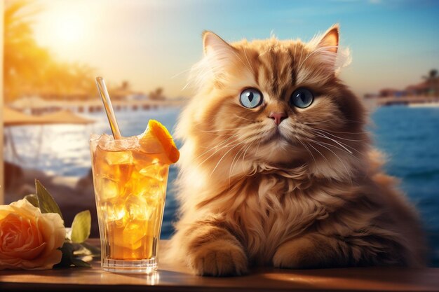 Un gatto umoristico che si diverte a bere cocktail al bar Generative Ai