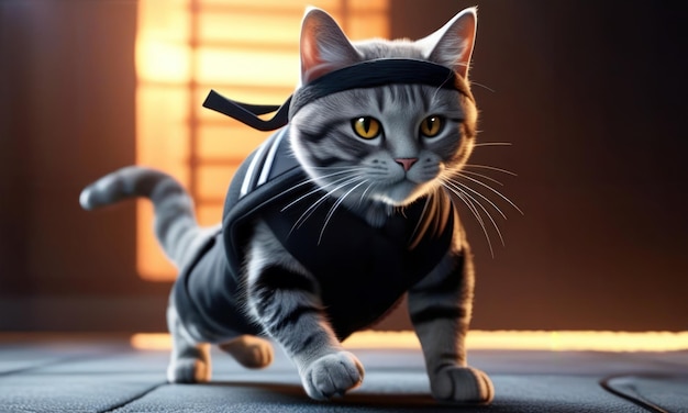 un gatto vestito con un abito da ninja con una fascia