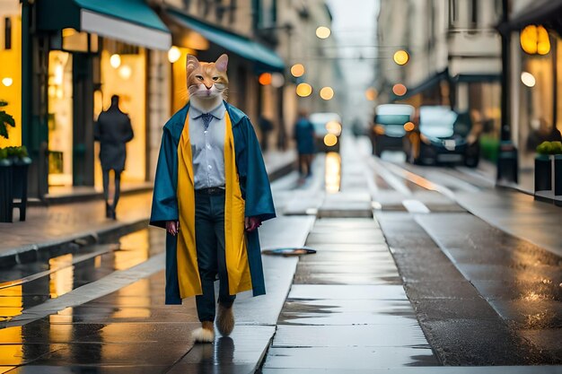 un gatto vestito con un mantello giallo cammina lungo un marciapiede bagnato.