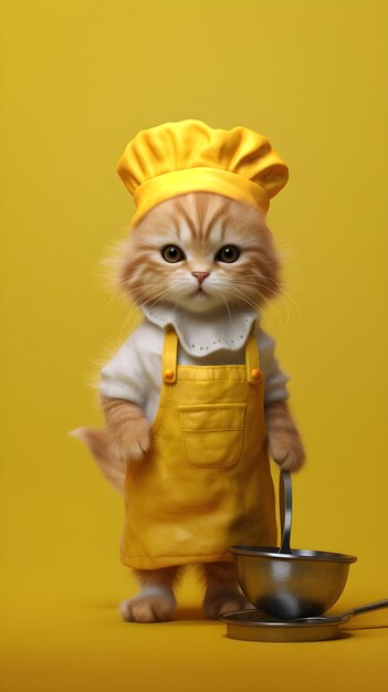 Un gatto vestito da chef è in piedi davanti a uno sfondo giallo.