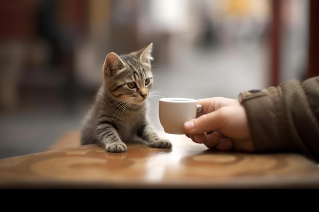 Un gatto viene nutrito da una persona.