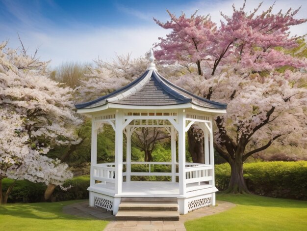 Un gazebo bianco di legno circondato da fiori di ciliegio in fiore