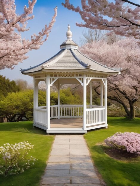 Un gazebo bianco di legno circondato da fiori di ciliegio in fiore