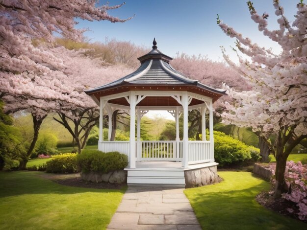 Un gazebo bianco di legno circondato da fiori di ciliegio in fiore