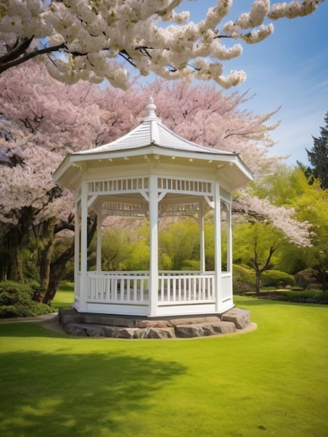 Un gazebo bianco di legno circondato da fiori di ciliegio in fiore