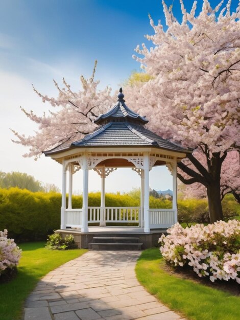 Un gazebo bianco di legno circondato da fiori di ciliegio in fiore