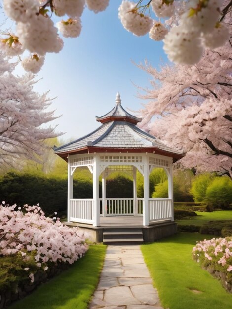 Un gazebo bianco di legno circondato da fiori di ciliegio in fiore