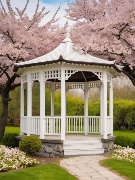 Un gazebo bianco di legno circondato da fiori di ciliegio in fiore